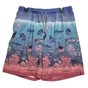 Peter Millar Ocean Traffic Swim Trunks Seaside Blue Lined Board Shorts Pockets L